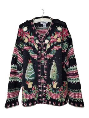 Vintage Heirloom Tiara International Christmas Sweater Crochet Beaded L